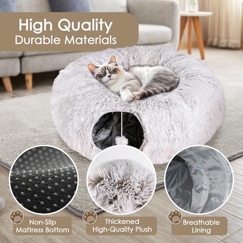 Cat Tunnel Bed for Indoor Cats, Peekaboo Cat Cave with Washable Soft Play Mat, Furry Cat Tube, for Kitten/Puppy/Rabbit, Brown - color: brown