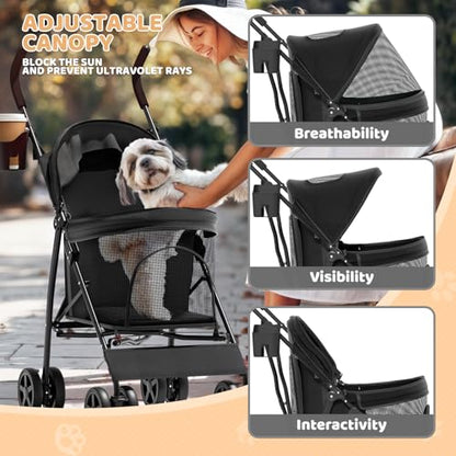 Magshion Compact Pet Stroller for Small-Medium Dogs/Cats up to 22lbs, 4-Wheel Lightweight Umbrella Shaped Portable Puppy Travel Jogger with Breathable Mesh, Cup Holder & Rear Storage, Black - color: Black, style: Up to 22 lbs