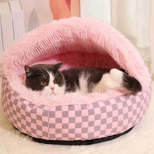 ound Hooded Cat Bed and Dog Bed with Covered Cave, Cat Bed for Small Dogs, Faux Fur Cuddle Pillow Round Recessed Cat Bed, Automatic Warming Donut Cat Bed (Pink) - color: pink