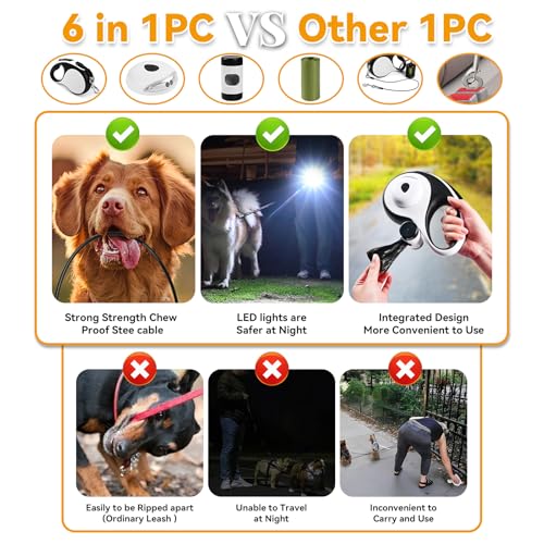 Heavy Duty Retractable Dog Leash for Large Dogs, 26ft Dog Leash with Poop Bag Holder, Up to 110lbs, chew Proof Cable, LED Light, 360° No-Tangle, One-Handed Pause & Locked (White, L 26ft) - color: White