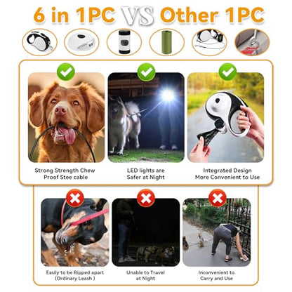Heavy Duty Retractable Dog Leash for Large Dogs, 26ft Dog Leash with Poop Bag Holder, Up to 110lbs, chew Proof Cable, LED Light, 360° No-Tangle, One-Handed Pause & Locked (White, L 26ft) - color: White