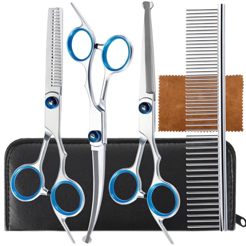 5 in 1 Premium Dog Grooming Scissors, Professional Dog Scissors for Grooming with Safety Round Tips, Lengnoyp Stainless Steel Thinning Shears, Pet Cat Shears for Grooming Kit - color: Chrome Silver