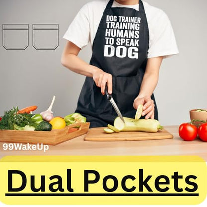 Dog Trainer Training Humans to Speak Dog Apron, Unisex, Black, One Size Fits All, Cotton Blend, Casual, Text Graphic, 2 Pockets