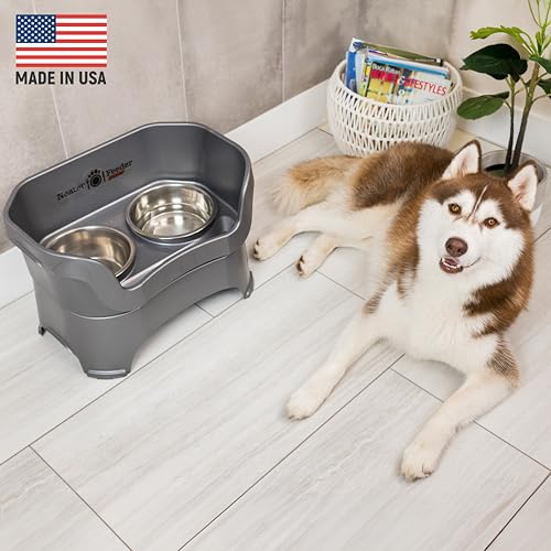 Neater Feeder Deluxe Mess Proof Dog Bowls Elevated for Large Breeds – Made in USA – No Spill Raised Slow Feeder Elevated Dog Bowl Stand, Stainless Steel Food and Water Bowl Set, Grey - color: Gunmetal Grey, size: Large with Slow Feed Bowl
