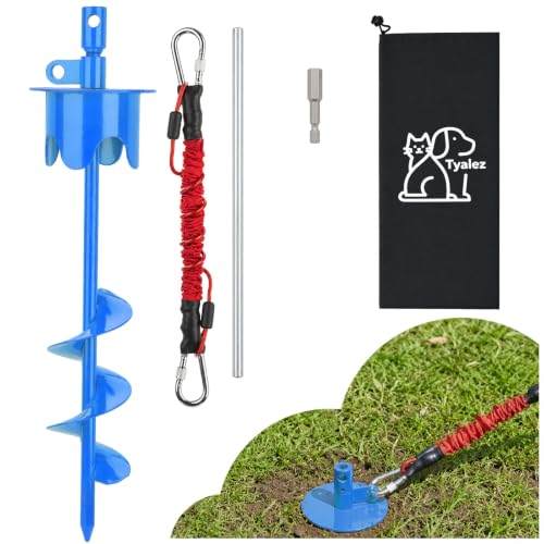 Dog Stakes for Outside Heavy Duty Hold up to 350Lbs Large Dogs Tie Out Tether Leash Chain for Yard Screw in Ground Anchors 17inch with Buffer Rope, Blue - color: Blue, size: 17IN (Only Stake)