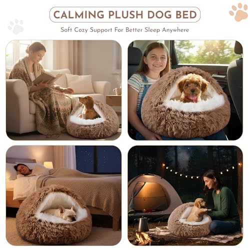 Calming Plush Dog Bed, Hooded Cave Style, PP Cotton Filling, for Small and Medium Pets (Brown, Small)