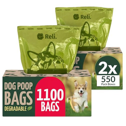 Reli. Biodegradable Dog Poop Bags (1100 Pack, 2 Large Rolls) | 9"x13" Large Poop Bags for Dogs | Unscented, Leak Proof Oxobiodegradable Pet Waste Clean Up | Green Eco-Friendly | Dispenser Box