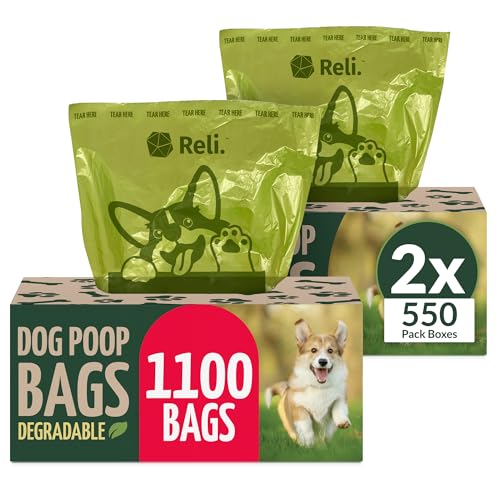 Reli. Biodegradable Dog Poop Bags (1100 Pack, 2 Large Rolls) | 9"x13" Large Poop Bags for Dogs | Unscented, Leak Proof Oxobiodegradable Pet Waste Clean Up | Green Eco-Friendly | Dispenser Box