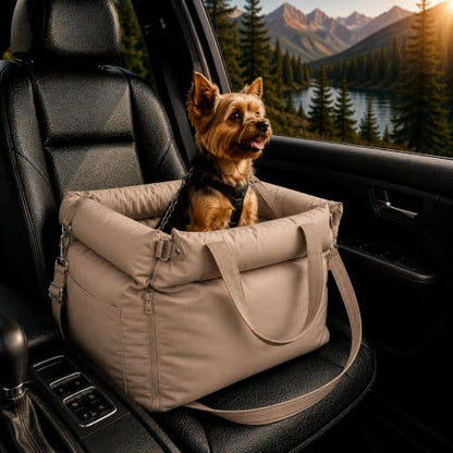 Dog Booster Car Seat for Small Dogs, Stable Non-Slip Design Up to 35 lbs, Water-Resistant PU Travel Carrier with Headrest Straps, Built-in Tether & Storage — Gray