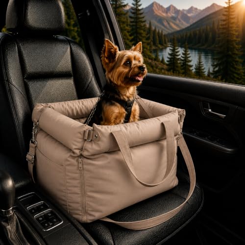 Dog Booster Car Seat for Small Dogs, Stable Non-Slip Design Up to 35 lbs, Water-Resistant PU Travel Carrier with Headrest Straps, Built-in Tether & Storage — Gray