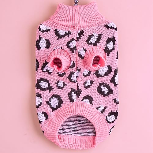 Leopard Knit Sweaters for Small Dogs, Pink Turtleneck Pullover for Pet, Puppies Cats Winter Sweater for Valentines Day Holiday - size: Large