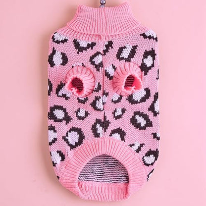 Leopard Knit Sweaters for Small Dogs, Pink Turtleneck Pullover for Pet, Puppies Cats Winter Sweater for Valentines Day Holiday - size: Large