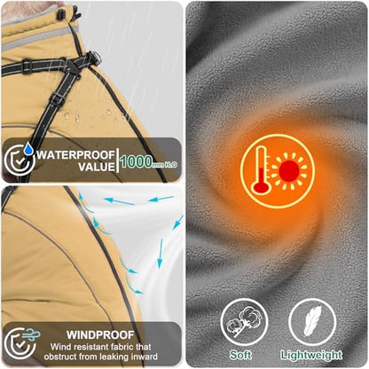 Fragralley Dog Coat with Harness Built in, Waterproof Windproof Reflective Warm Puffer Jacket, Fleece Lined Vest Winter Parka for Small, Medium, Large Dogs - color: Khaki, size: Small