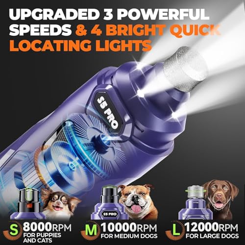 Whisper Quiet Dog Nail Grinder with 4 LED Lights, Safe & Stress-Free for Sensitive Dogs Cats of All Breeds & Sizes, 3 Grinding Bits, 3-Speed, Pet Nail Trimmers, Rechargeable Painless Grooming Kit Blue - color: Blue