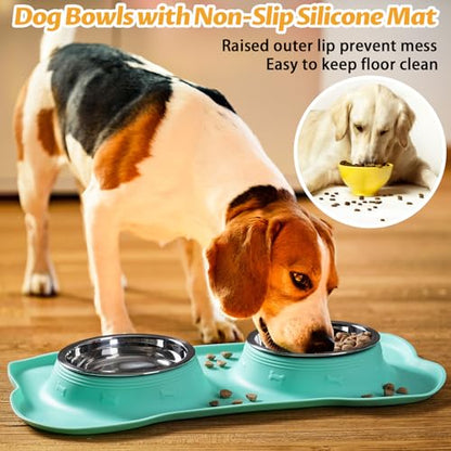 Hubulk Pet Dog Bowls 2 Stainless Steel Dog Bowl with No Spill Non-Skid Silicone Mat + Pet Food Scoop Water and Food Feeder Bowls for Feeding Small Medium Large Dogs Cats Puppies (Medium, Mint Green) - color: Mint Green, size: Medium