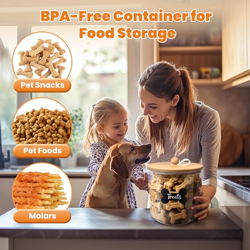 HOYTAMDAR 3 Pack Airtight Dog Treat Containers with Bamboo Lids, Dog Treat Jars with Scoops, Clamps, Labels and Marker, Dog & Cat Treat Holder - color: Wood - 3 Pack