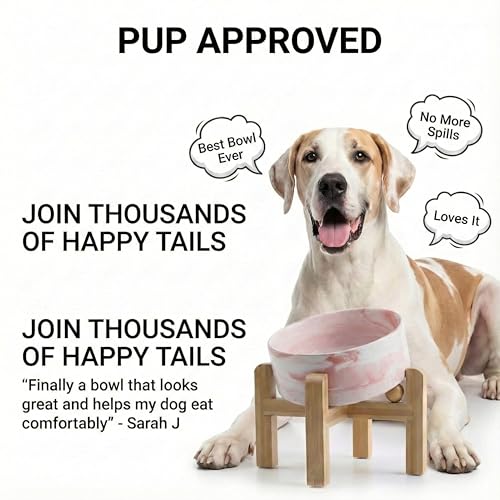 hjn Elevated Ceramic Dog Bowl 15°Slanted Raised Dog Bowl with Bamboo Stand for Small Medium Dogs and Cats, Pet Feeder -7.6-Cup (1800ml)-Marble Pink - color: Marble Pink, size: 7.6Cup