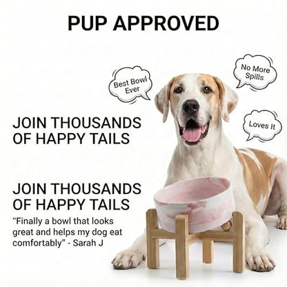 hjn Elevated Ceramic Dog Bowl 15°Slanted Raised Dog Bowl with Bamboo Stand for Small Medium Dogs and Cats, Pet Feeder -7.6-Cup (1800ml)-Marble Pink - color: Marble Pink, size: 7.6Cup