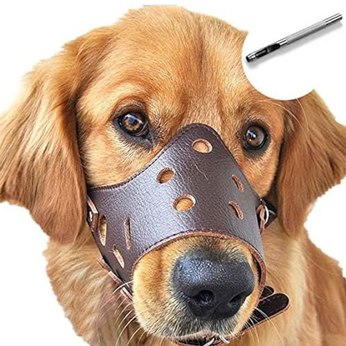 BARKLESS Dog Muzzle Leather, Soft Secure Anti-Barking Leather Muzzle for Large Sized Dogs to Prevent Biting, Breathable and Adjustable, Allows Drinking and Panting, Used with Collars - color: Brown, size: L (Snout Cir: 9.5"-11.75")