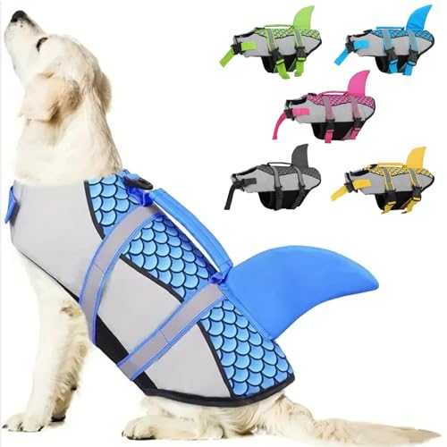Dog Life Jacket Shark, Ripstop Dog Life Vest for Swimming Boating with High Flotation Ripstop Dog Lifesaver with Rescue Handle Pet Life Preserver for Small Medium Large Dogs,Blue,L - color: Blue, size: L