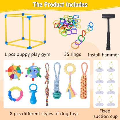 Puppy Play Gym with 8 Hanging Toys, Small Dogs Indoor Jungle Playground, PVC Frame with Suction Cups Interactive Enrichment Activity Center