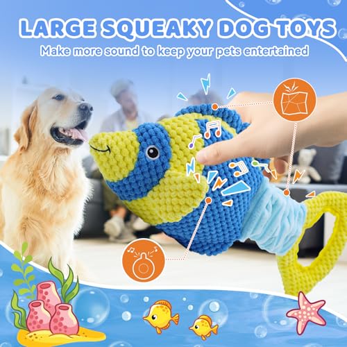 YZHDUXIU Fish Dog Squeak Toys, Elastic Band Tug of War Dog Toy with Crinkle | Plush fish with squeaker & crinkle fins; stretchy elastic band; soft PP cotton; gentle on teeth; for puppies medium adults - color: Blue Yellow Fish