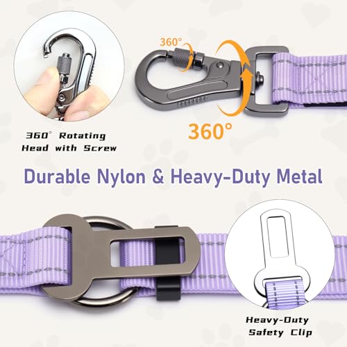 Hands Free Dual Handle Retractable Bungee Leash with Reflective Trim, Adjustable Waist Belt for Dog Walking, Running, Hiking - Durable Nylon Leash for Medium Large Dogs, Purple