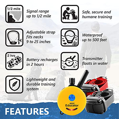Educator ET-302 Mini E Collar for Dog Training with Remote - 1/2 Mile Range, Waterproof, 100 Blunt Stimulation Levels, Tone or Vibration Mode, Night Light for Small, Medium & Large Dogs (2 Dogs) - size: 2-Dog (ET-302)