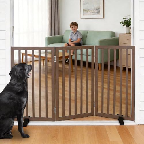 ZJSF Freestanding Indoor Dog Gate for House Foldable Wood Puppy Gate for Doorways Pet Gate for Stairs Extra Wide Pet Fence, Brown, 32" Height 3 Panels - color: Brown, size: 【3 Panels】60''w x 32''h
