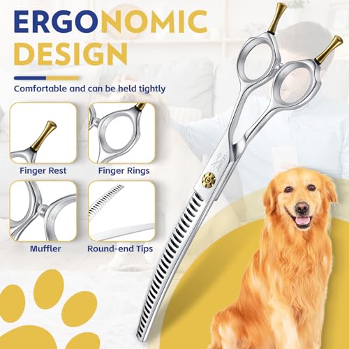 JASON 7" Dog Grooming Shears - Professional Down-curved Chunker Shears with 60%-65% Thinning Rate, Japanese 440C Stainless Steel Dog Grooming Chunkers with Adjustable Screw (28 Teeth, Silver) Gift - style: Down-curved Chunker