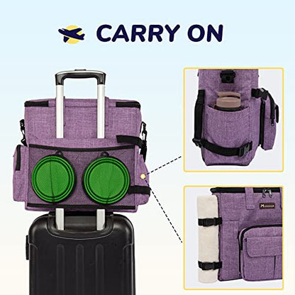 Modoker Dog Travel Organizer Carriers for Supplies & Accessories, Airline Approved Cat Pet Travel Bag, 2 Collapsible Bowls, 2 Travel Dog Food Container, Purple - color: Soft Purple