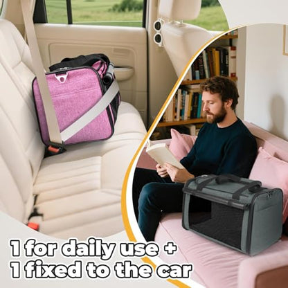 YUDODO 2 Packs 25 lbs Lightproof Soft Sided Cat Carrier for Large Cat & Small Dog Airline Approved Travel Puppy Carriers with Side Pockets & Reflective Mesh, Foldable Portable for Car Grey Green+Pink - color: Pink*1+Grey Green*1
