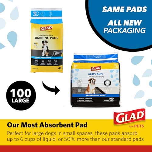Glad for Pets XL Charcoal Training Pads, Heavy Duty Leak-Resistant Puppy Pee Pads with Activated Carbon Odor Control, Quick-Dry Quilted Top, Indoor Potty & Crate Liner, 24 x 24 in, 100 Count - size: 100 Count (Pack of 1)