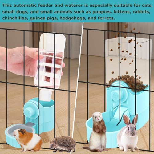 GPY Automatic Hanging Gravity Pet Feeder and Water Dispenser Set ，Automatic Rabbit Feeder and Dog Water Dispenser for Dogs Cats Pets Animals Large Capacity (Blue Water Feeder&Food Feeder) (Blue) - color: Blue