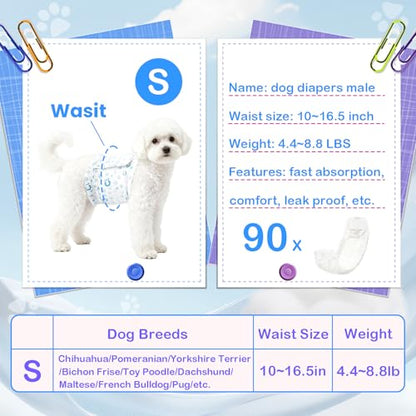 90 Count Dog Diapers Male, Disposable Small Male Dog Wraps Super Absorbent Puppy Doggie Diapers for Heat Excitable Urination Incontinence Waist 11-16.5 inch Small Dog - Blue