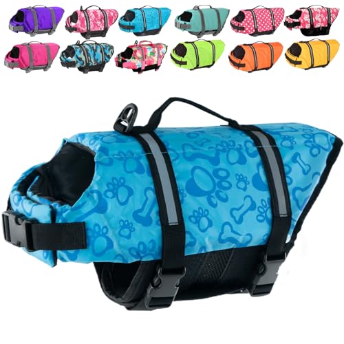Doglay Dog Life Jacket with Rescue Handle, Dog Life Vest for Swimming Boating, Adjustable Reflective Puppy Swim Vest with Superior Buoyancy for Small Medium Large Dogs - color: blue bone, size: XX-Small