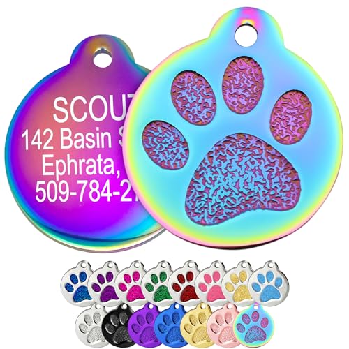 GoTags Paw Print Round Stainless Steel Pet Tag for Dogs and Cats, Personalized with 4 Lines of Custom Engraved ID Name and Number, in Stainless Steel and 15 Colors Small and Large, Rainbow - color: Solid Rainbow, size: Small w/o Silencer