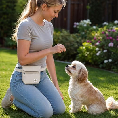 Dog Treat Pouch and Dog Training Clicker, Treat Bag with Poop Bag Dispenser, Powerful Magenetic Clasp, Metal Clip Waist Belt Fanny Pack for Pet Walk Dog Training (White) - color: White