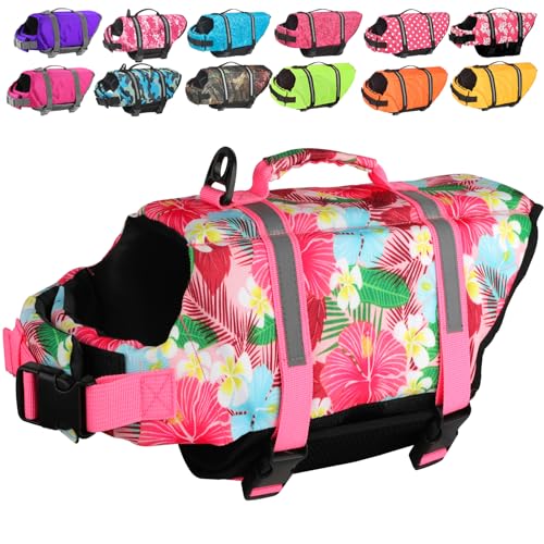 Doglay Dog Life Jacket, Dog Life Vest for Swimming Boating, Adjustable Puppy Life Jacket with Reflective Stripes, Superior Buoyancy Pet Swimming Vest for Small Medium and Large Dogs - color: Pink Flower-1, size: XX-Small