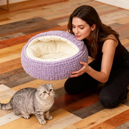Covered Cat Bed | Comfortable Anti-Slip Small Warming Dog Bed | Calming Nest Covered Kitten Cave | for Home Dorm Bedroom Living Room Balcony - color: Purple