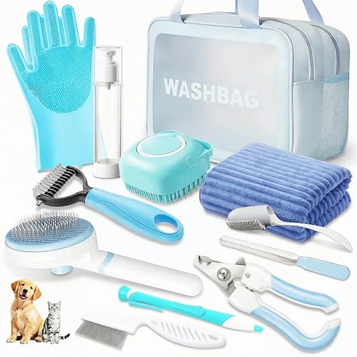 12PCS Dog Bath Kit & Dog Brush Kit for Dogs & Cats - Professional Pet Grooming Tools Set with Shedding Brush, Bath Scrubber, Dematting Comb & Storage Bag - Complete Dog Washing Essentials, Blue - color: 12PCS-Blue