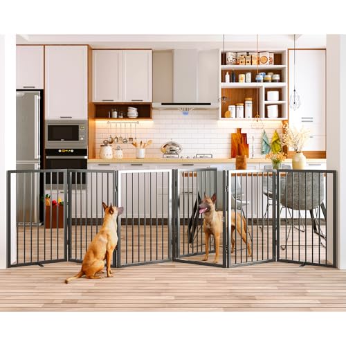 Vantas Folding No-Assembly Metal Pet Gate 120" Wide, 32" Extra Tall Dog Gate with Door Walk Through, Freestanding Accordion Puppy Gate Dog Door for Indoor & Outdoor, with 2PCS Support - Black - color: Black, size: 【6-Panel with Door】20W*32H