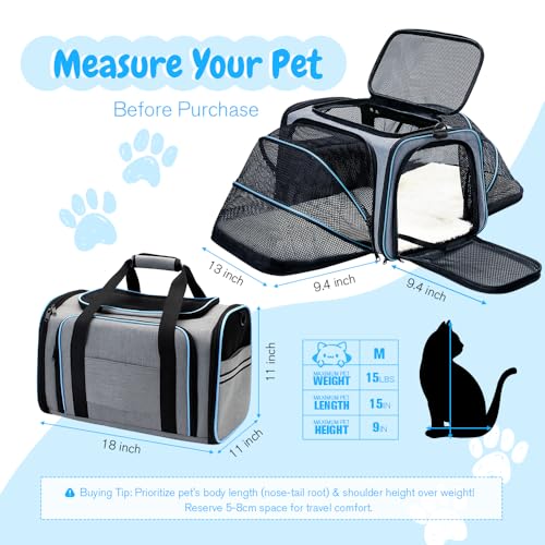 Double Expandable Cat Carrier,Airline Approved Soft-Sided Pet Travel Carrier for Small Dogs Cats under 15 lbs,Waterproof 600D Oxford Fabric with Washable Replacement Liner,Odor-Free & Claw-Proof(Blue) - color: Blue