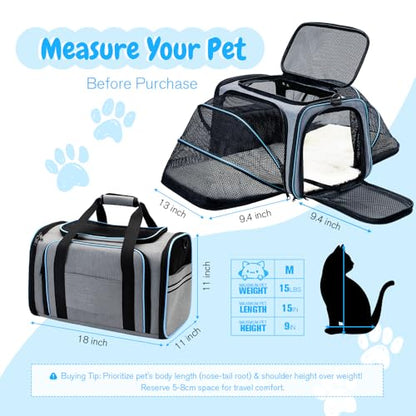 Double Expandable Cat Carrier,Airline Approved Soft-Sided Pet Travel Carrier for Small Dogs Cats under 15 lbs,Waterproof 600D Oxford Fabric with Washable Replacement Liner,Odor-Free & Claw-Proof(Blue) - color: Blue