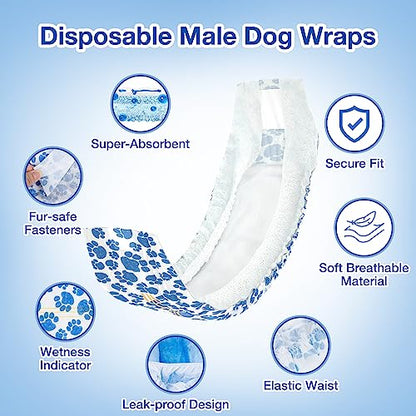 Dono Dog Diapers Male 60ct Disposable Male Dog Wraps Super Absorbent Doggie Puppy Diapers Rapid-Dry Technology Belly Bands for Male Marking, Excitable Urination, Training (Large) - size: Large