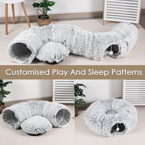Cat Tunnel Bed for Indoor Cats, Peekaboo Cat Cave with Washable Soft Play Mat, Furry Cat Tube, for Kitten/Puppy/Rabbit, Grey - color: Grey
