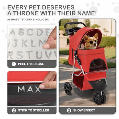 MoNiBloom 3 Wheels Pet Stroller, Foldable Puppy Cage Jogger Stroller with Weather Cover for All-Season, Storage Basket and Cup Holder, Breathable and Visible Mesh for Small/Medium Pets, Red - color: Red