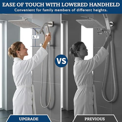 G-Promise All Metal 12 Inch Rain Shower Head with Power Wash Mode Handheld Spray Combo, Pause Setting 3-way Diverter, Full Body Coverage Waterfall Showerhead, Luxury Bathroom Upgrade (Brushed Nickel) - color: Brushed Nickel, size: 12 Inches
