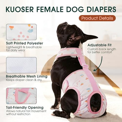 Kuoser Dog Diapers Female with Suspenders, Escape-Proof Doggie Diaper That Stay On, Washable Dog Diapers for Heat, Incontinence & Puppy Training,Reusable Puppy Diaper Female Small Medium Large Dogs, L - color: Blush Pink, size: L