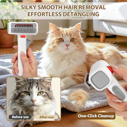 2-in-1 Pet Self-Detangling Grooming Comb, Professional Dematting Brush & Undercoat Rake for Dogs and Cats, Removes Mats Tangles Loose Fur, Gentle for Long/Short Thick Curly Fur